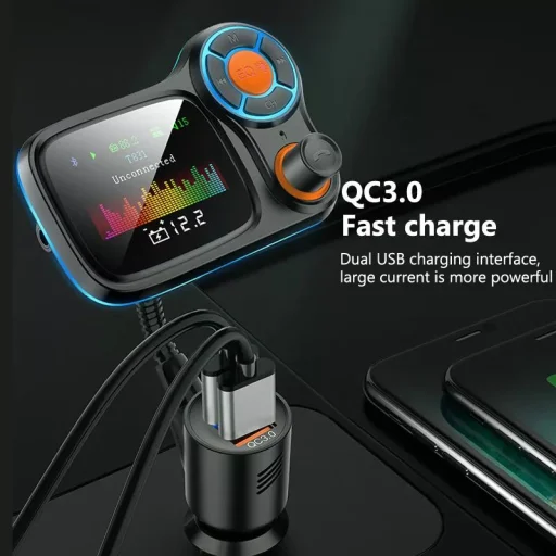 Bluetooth FM Transmitter, szivargyújtós autós töltő 1x USB, 1x USB QC3.0 színes kijelzővel, hangulatvilágítással (T831) - 9