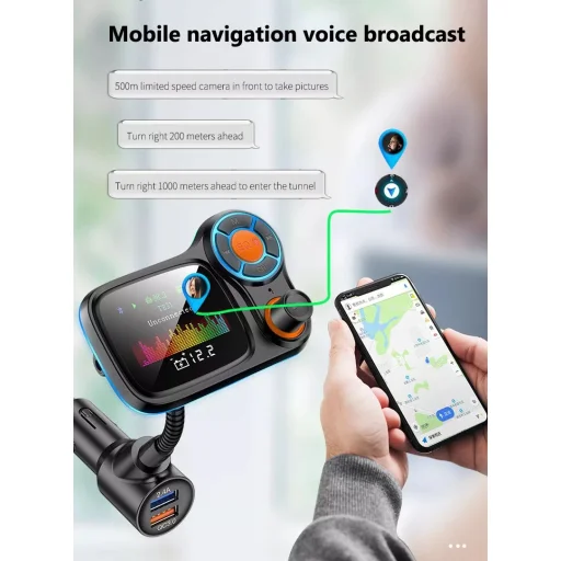 Bluetooth FM Transmitter, szivargyújtós autós töltő 1x USB, 1x USB QC3.0 színes kijelzővel, hangulatvilágítással (T831) - 10