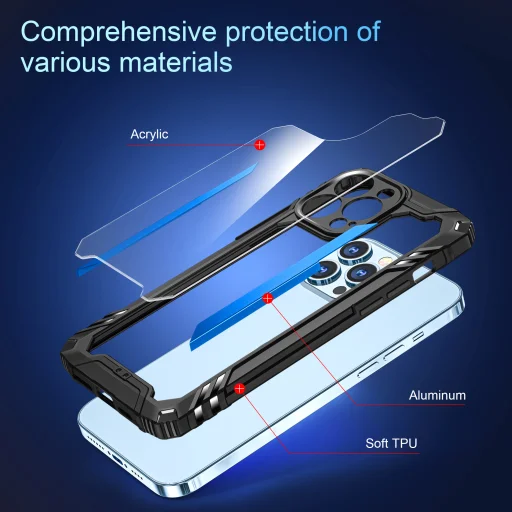 iPhone 12 Pro ütésálló TPU+alumínium tok fekete-kék kerettel Alphajack - 2