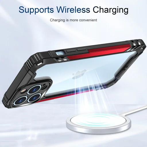 iPhone 12 Pro Max ütésálló TPU+alumínium tok fekete-piros kerettel Alphajack - 7