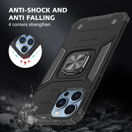 iPhone 14 Pro Ring Armor Case Kickstand tok kihajtható mágneses támasszal fekete Alphajack - 5