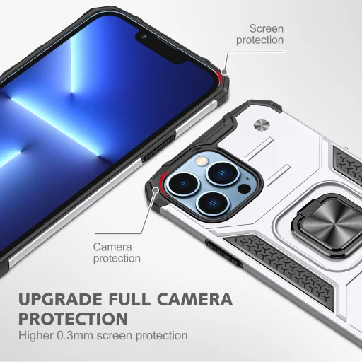 iPhone 14 Pro Ring Armor Case Kickstand tok kihajtható mágneses támasszal ezüst Alphajack - 6