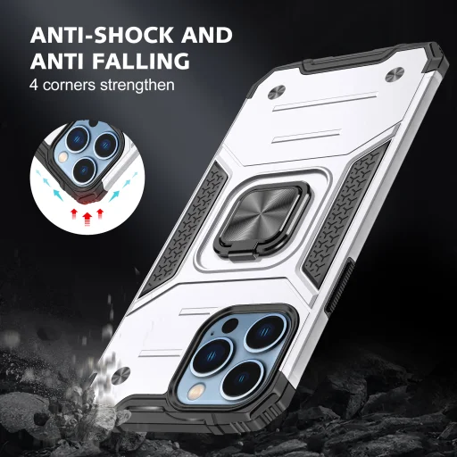 iPhone 14 Pro Ring Armor Case Kickstand tok kihajtható mágneses támasszal ezüst Alphajack - 4