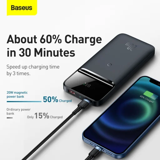  Baseus Power Bank 10000mAh mágneses indukciós töltő - USB + Type C - QC 3.0 PD 3.0 20W (PPCX010102) kék - 13