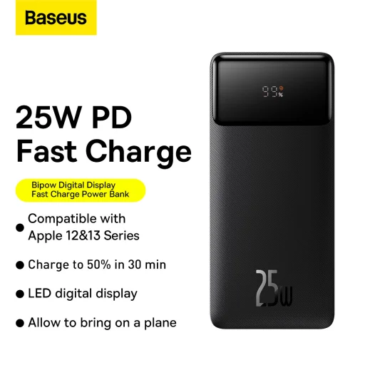  Baseus Power Bank 20000mAh Bipow - 2xUSB + Type C - PD 25W Type C to Type C (PPBD020301) fekete - 11