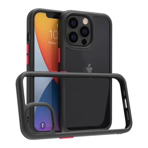 iPhone 14 Pro átlátszó TPU tok edzett üveg hátlappal, fekete kerettel Alphajack - 1