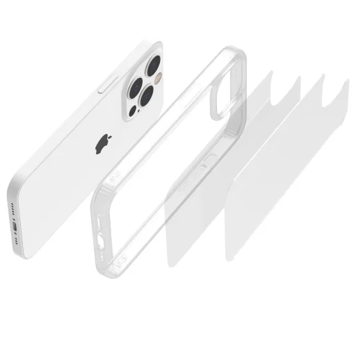 iPhone 14 Pro Max átlátszó TPU tok edzett üveg hátlappal, fehér kerettel Alphajack - 5