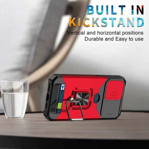 iPhone 14 Pro Max Ring Armor tok kameralencse védővel, kihajtható támasszal, kártyatartóval rózsaszín Alphajack - 2