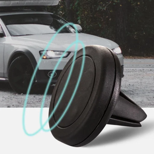 Univerzális szellőzőnyílásra rögzíthető mágneses telefontartó fekete színben, ajándék fémlapkával  - 4