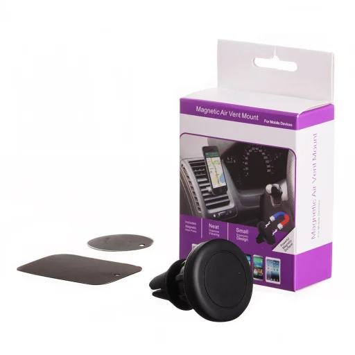 Univerzális szellőzőnyílásra rögzíthető mágneses telefontartó fekete színben, ajándék fémlemezzel - 2