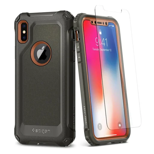 Spigen Pro Guard 360 fokozott védelmet nyújtó tok + kijelzővédő üvegfólia iPhone X katonai zöld színben (057CS22651) - 4