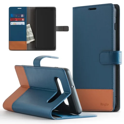 Ringke Wallet 2in1 bőr fliptok kártyatartóval Samsung S10 kék/barna - 1