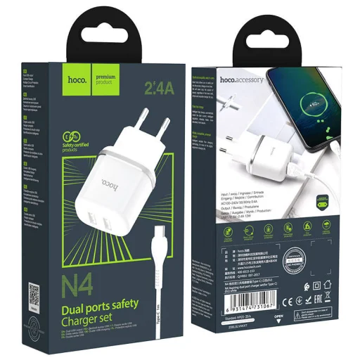 Fali Töltő 2,4A 2xUSB + Kábel 1m USB Type C Hoco N4 USB USB-C fehér - 10
