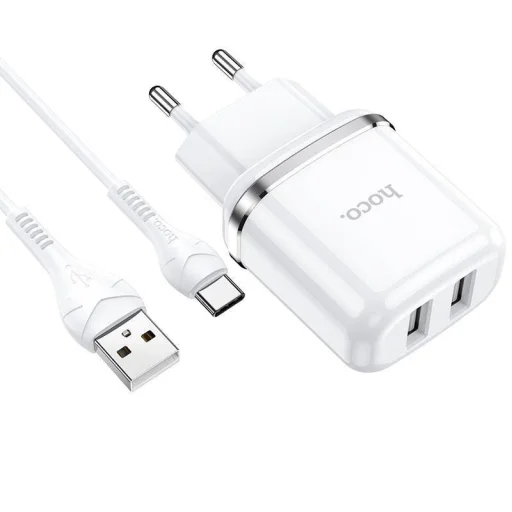 Fali Töltő 2,4A 2xUSB + Kábel 1m USB Type C Hoco N4 USB USB-C fehér - 1