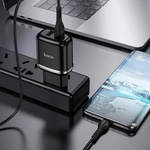 Fali Töltő 2,4A 2xUSB + Kábel 1m USB Type C Hoco N4 USB USB-C fekete - 4