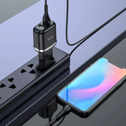 Fali Töltő 2,4A 2xUSB + Kábel 1m USB Type C Hoco N4 USB USB-C fekete - 5