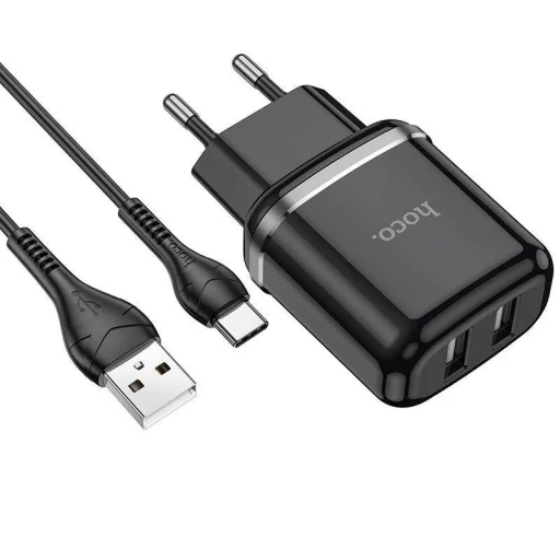 Fali Töltő 2,4A 2xUSB + Kábel 1m USB Type C Hoco N4 USB USB-C fekete - 1