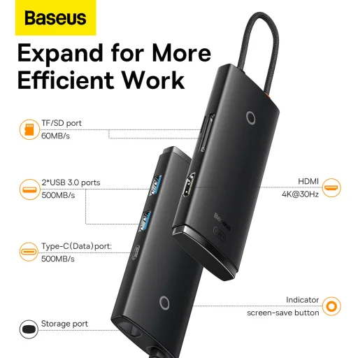 Baseus Adapter HUB - Type C - 2xUSB3.0 + Type C + HDMI 4K + SD + microSD (WKQX050001) fekete - 3