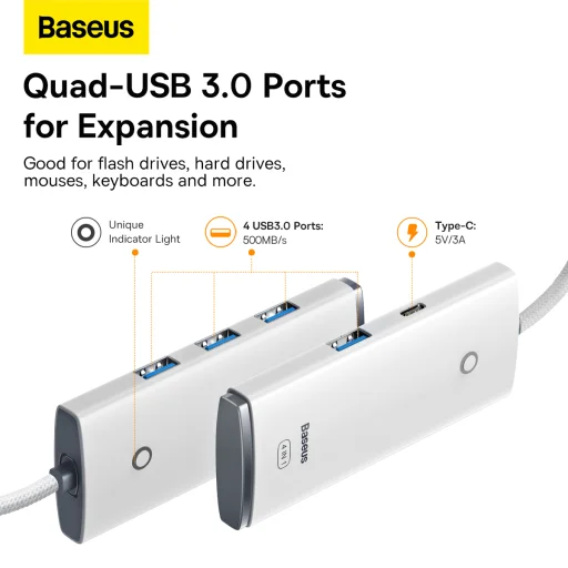 Baseus Adapter HUB - Type C - 4xUSB3.0 - 25cm (WKQX030302) fehér - 8