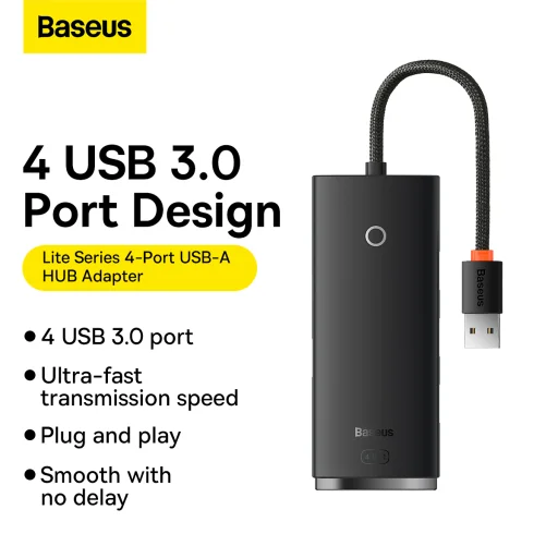 Baseus Adapter HUB - USB - 4xUSB3.0 - 25cm (WKQX030001) fekete - 3