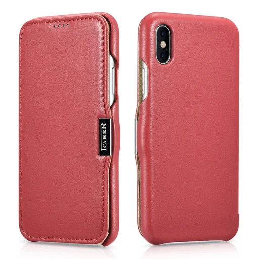 iPhone XS / iPhone X piros Icarer Metal Clip Vintage Folio valódi bőr fliptok mágneses zárral - 1