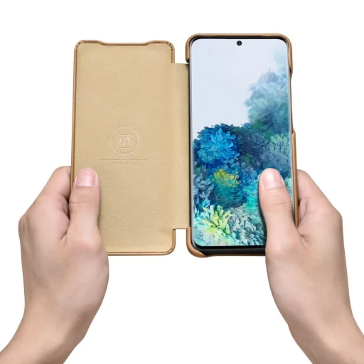 Samsung S20 Plus Icarer Vintage valódi bőr fliptok khaki  - 4