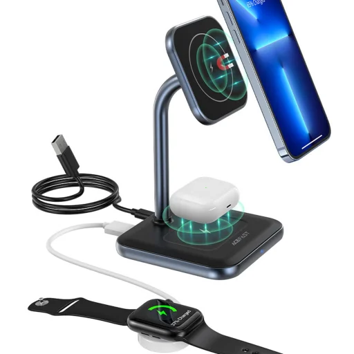 Acefast 15W Qi Vezeték Nélküli mágneses (MagSafe) iPhone és Airpods töltőállomás fekete (E9 black) - 3