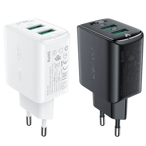 Acefast Töltő Adapter 2 X USB 18W QC 3.0 AFC, FCP fekete  (A33 black) - 2