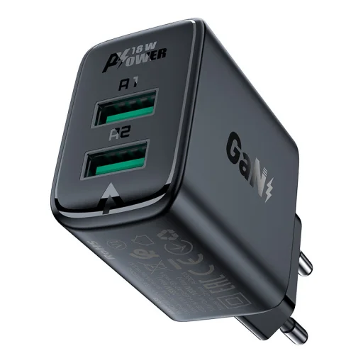 Acefast Töltő Adapter 2 X USB 18W QC 3.0 AFC, FCP fekete  (A33 black) - 1