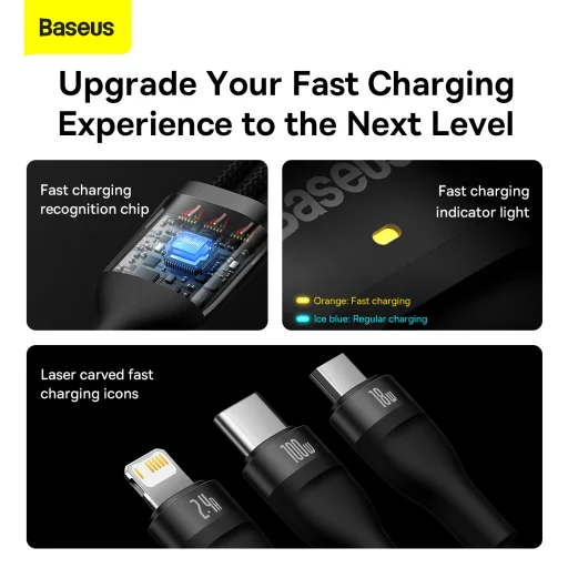 Baseus 3 az 1-ben USB - USB Type C, Lightning, Micro USB kábel 100W 6A 1.2m (CASS030001) fekete - 9