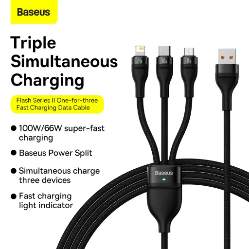 Baseus 3 az 1-ben USB - USB Type C, Lightning, Micro USB kábel 100W 6A 1.2m (CASS030001) fekete - 3