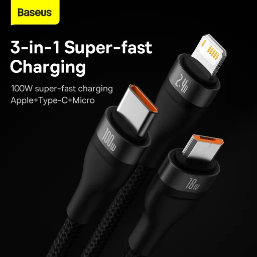 Baseus 3 az 1-ben USB - USB Type C, Lightning, Micro USB kábel 100W 6A 1.2m (CASS030001) fekete - 4