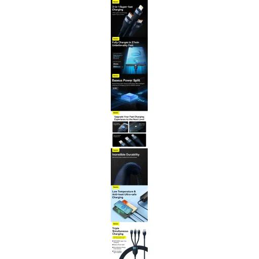 Baseus 3 az 1-ben USB - USB Type C, Lightning, Micro USB kábel 100W 6A 1.2m (CASS030003) kék - 9