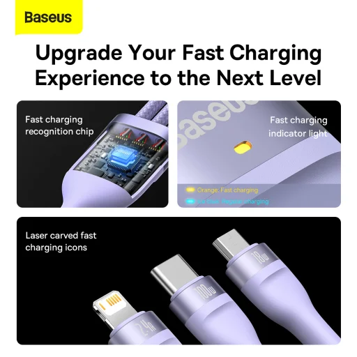 Baseus 3 az 1-ben USB - USB Type C, Lightning, Micro USB kábel 100W 6A 1.2m (CASS030005) lila - 16