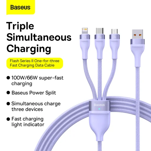 Baseus 3 az 1-ben USB - USB Type C, Lightning, Micro USB kábel 100W 6A 1.2m (CASS030005) lila - 9