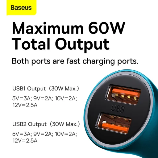 Baseus Golden Contactor Max Autós szivargyújtós töltő 2XUSB - QC PD 60W (CGJM000003) kék - 5