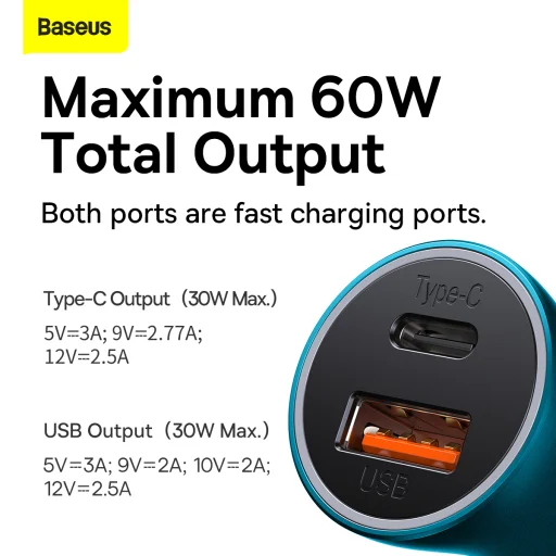 Baseus Golden Contactor Max Autós szivargyújtós töltő USB + Type C - QC PD 60W (CGJM000103) kék - 10