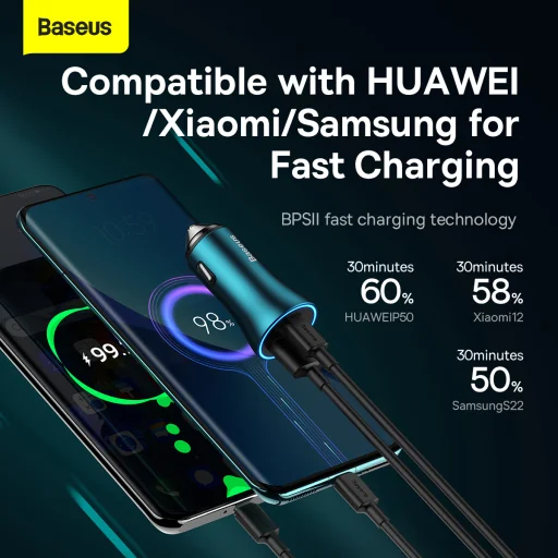 Baseus Golden Contactor Max Autós szivargyújtós töltő USB + Type C - QC PD 60W (CGJM000103) kék - 4