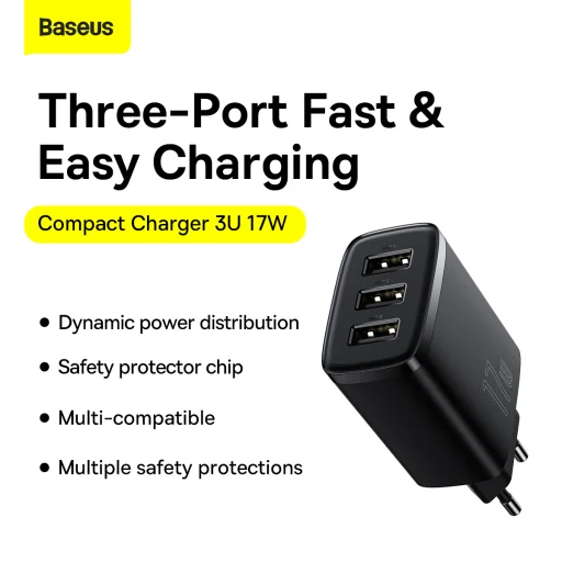 Baseus Compact hálózati töltő 3XUSB - 17W (CCXJ020101) fekete - 12