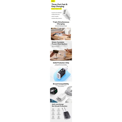 Baseus Compact hálózati töltő 3XUSB - 17W (CCXJ020102) fehér - 8