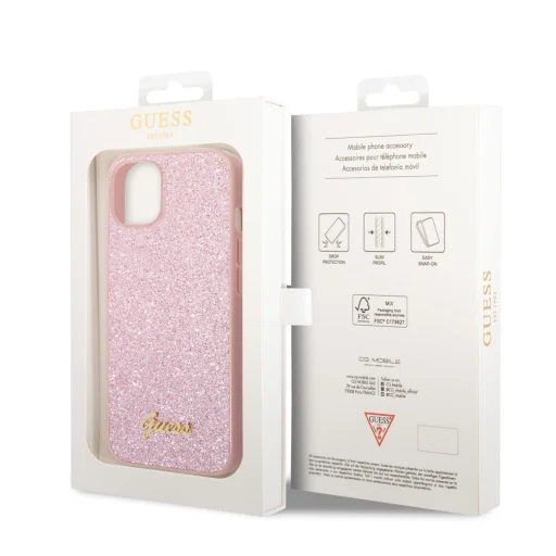 iPhone 14 Plus Guess PC/TPU Glitter Flakes Metal Logo tok rózsaszín (GUHCP14MHGGSHP) - 5