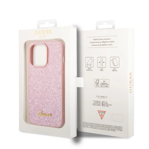 iPhone 14 Pro Max Guess PC/TPU Glitter Flakes Metal Logo tok rózsaszín (GUHCP14XHGGSHP) - 3