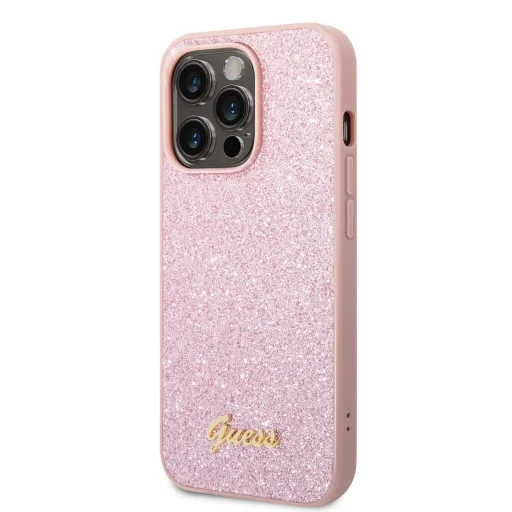 iPhone 14 Pro Max Guess PC/TPU Glitter Flakes Metal Logo tok rózsaszín (GUHCP14XHGGSHP) - 1