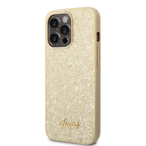iPhone 14 Pro Guess PC/TPU Glitter Flakes Metal Logo tok arany (GUHCP14LHGGSHD) - 1