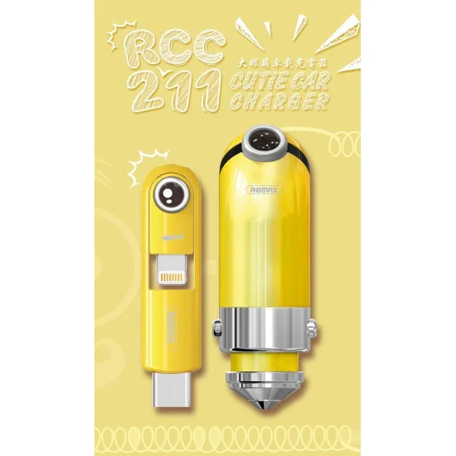 Remax Cutie autós töltő RCC-211 USB-micro USB, Lightning, Type C 2.1 A sárga - 4