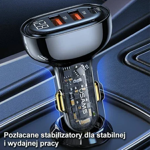 USAMS autós töltő 1xUSB-C 2xUSB-A 125W gyorstöltéssel átlátszó-kék - 3