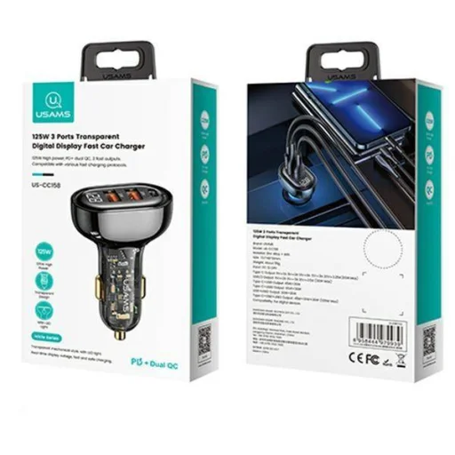 USAMS autós töltő 1xUSB-C 2xUSB-A 125W gyorstöltéssel átlátszó-fekete - 4