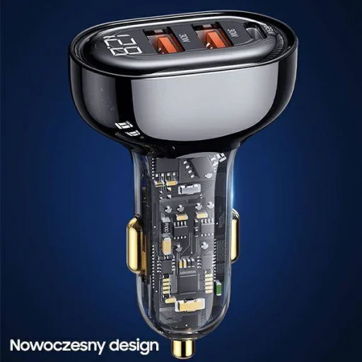 USAMS autós töltő 1xUSB-C 2xUSB-A 125W gyorstöltéssel átlátszó-kék - 4