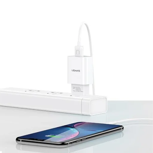 USAMS T21 hálózati töltő adapter + Lightning gyorstöltő kábel 2.1 A fehér (T21OCLN01) - 2