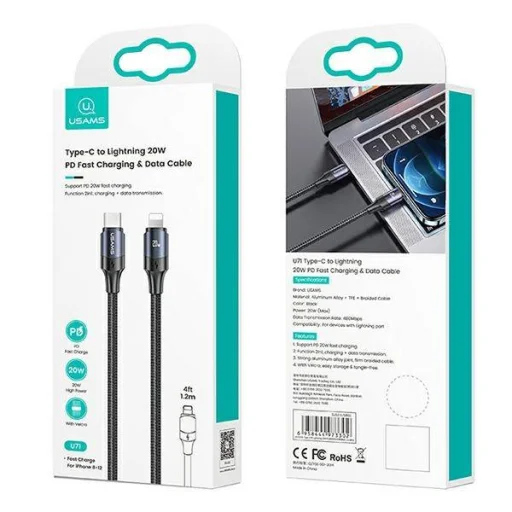 USAMS U71 USB-C - Lightning kábel 20W gyorstöltéssel 3m fekete - 2